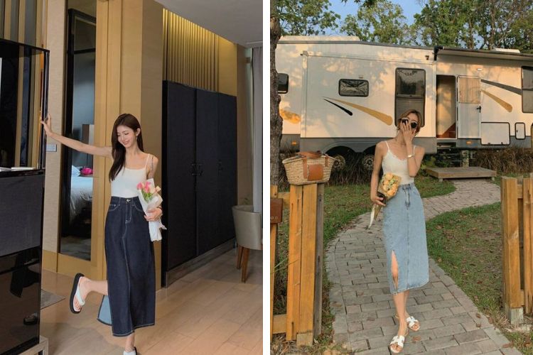 chân váy bò ngắn mặc với áo gì